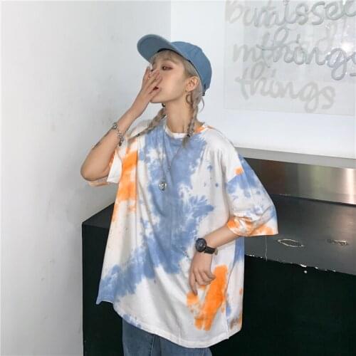 Femme Korean jersey dropshipping tee version Harajuku wind tie dyed loose casual wild student short-sleeved T-shirt female tide