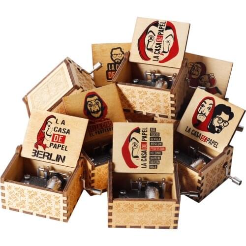 Antique Wooden Carved Bella Ciao LA CASA DE PAPEL Salvador Dali Musical Box Hand Cranked Music Box Boy Gift Birthday Gift