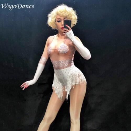 New Women Sexy Fringe Leotard Nude Spandex leotard Rhinestones Costume Stage Performance Dance Wear Singer Pole dancing Bodysuit