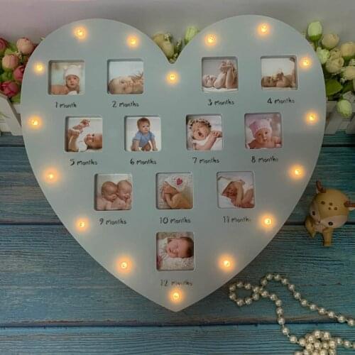 My First Year Baby Keepsake Frame with Light 0-12 Months Pictures Love Heart Photo Frame Commemorative Growth Souvenirs