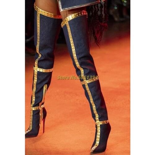 Rivet Over The Knee Thigh High Boots Stiletto High Heel Runway Dress Boots Mixed Color Zipper Pointed Toe Custom Made Shoes