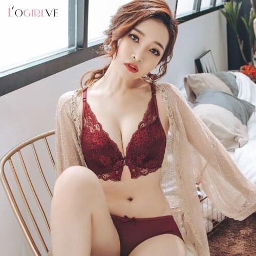 Logirlve Comfortable Gathering Sexy Underwear Suit push up bra Ring-free lace edge massage palm cup bra+set lingerie femme 90C