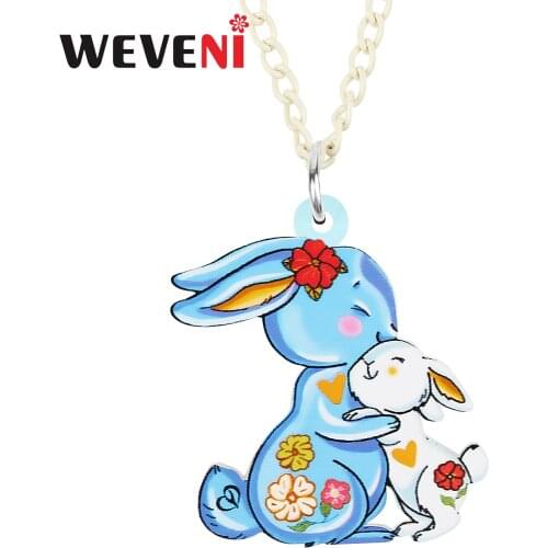 WEVENI Mothers Day Acrylic Sweet Flowers Rabbit Bunny Necklace Pendant Long Fashion Chain Jewelry For Women Girls Charms Gifts
