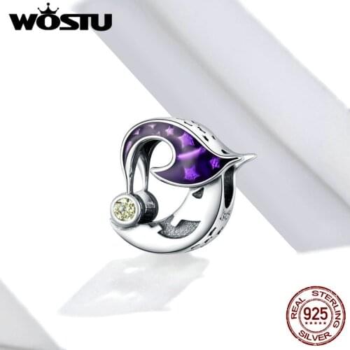 Wostu Halloween 925 Sterling Silver CZ Evil Moon Original Plated platinum Charm for Brand DIY Jewelry Make SCC1618
