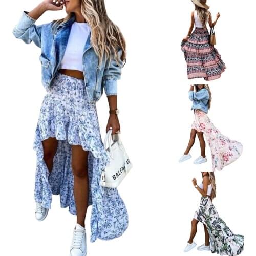 Casual Women Irregular Hem Long Skirt Ruffle Slim Fit Printed High Waist Skirt for Summer S-XL