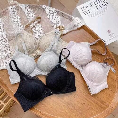 Women Fashion 4 colors Sexy Lingerie Bralette Lace Bow Cotton Panties Wireless Bra Sets Underwear Japanese A B Female thick