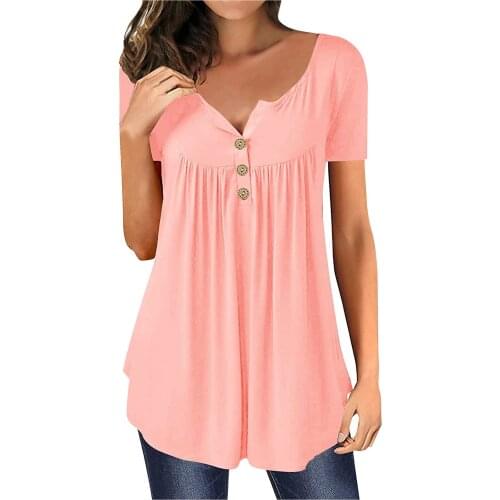 Women T Shirts Clothes O-neck Solid Color Loose Button Tunic T-shirt Harajuku Pullover T-shirt Female Clothes Mujer Camisetas