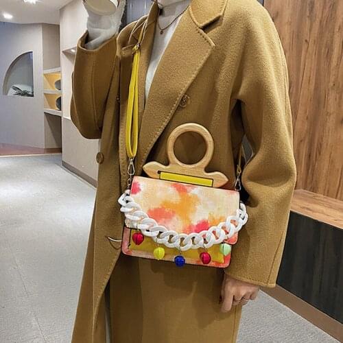 Fashion Acrylic Chain Women Shoulder Bag Wooden Handle Crocodile Pattern Handbag for Women 2021 New Pu Female Cross Body Bag