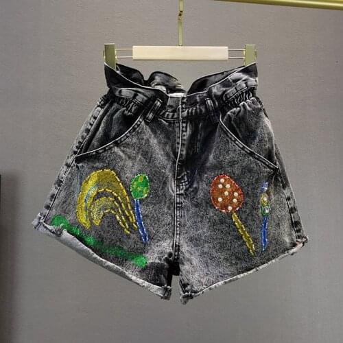 Grey Denim Shorts for Women 2020 Summer New European Loose High Waist Thin Bronzing Diamond Smoke Black Denim Shorts Nancylim