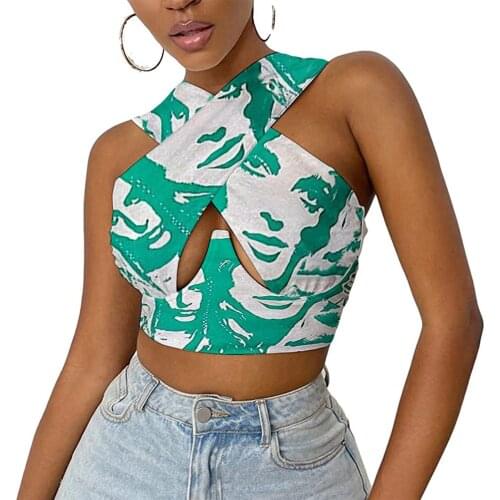 Women Close-fitting Vest, Printed Pattern Halter Neck Sleeveless Crop Tops, S/ M/ L/ XL/ XXL/ XXXL
