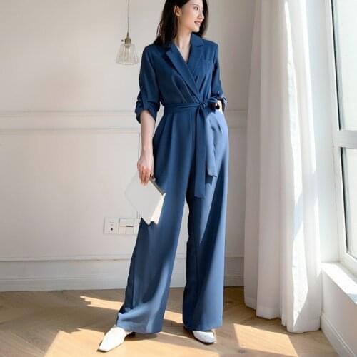 Womens Blue Jumpsuit2021Spring Autumn New Office Chiffon High Waist Trousers Belt Wide Leg Pants Temperament Suit Suit Jumpsuit