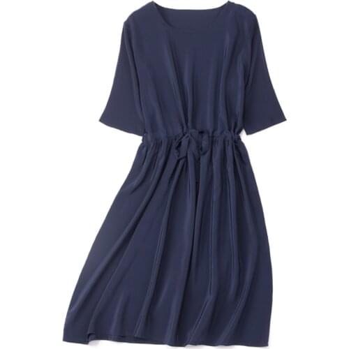 Womens 100% Natural Mulberry Silk round neck half sleeve Solid navy Long Dress L XL 2XL JN824