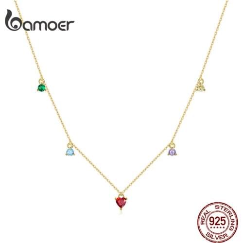 BAMOER 2021 Fashion Necklace 925 Sterling Silver Gold & Colorful Chain Chocker Red Heart Crystal for Women Pendant Jewelry Gift