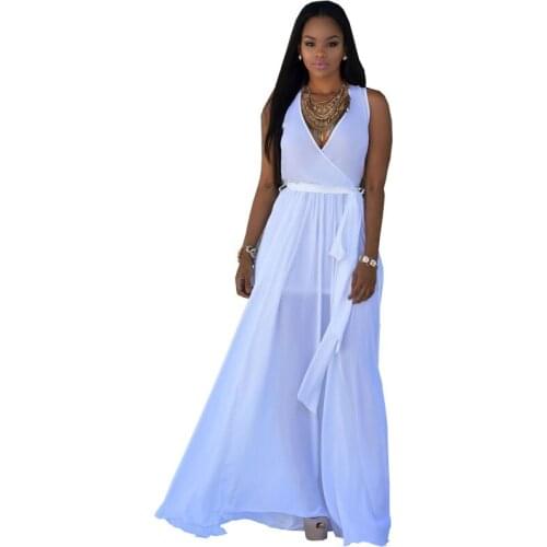 Summer Style Sexy Women Boho Maxi Dress Green White Bandage Long Dress Sexy Belted Big Swing Women Dress Robe Longue Femme C2628