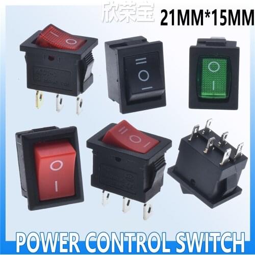 10PcsKCD1 Series 2/3/4/6 Pin Rocker Switch Power Switches 6A/10A250V125V 2/3 Position Black Button Mounting 15mm*21mm With light
