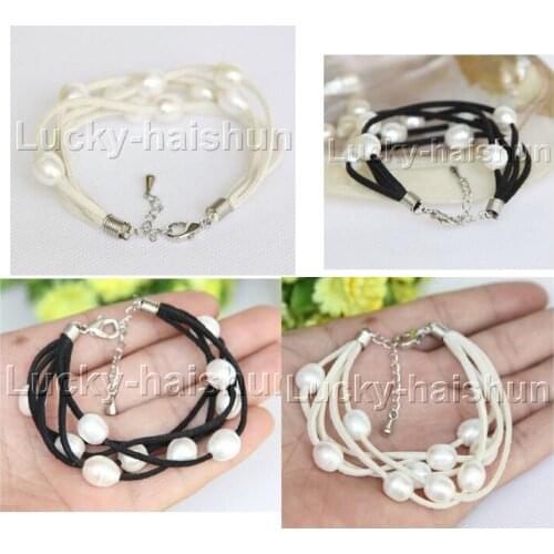 7-9" 5strands 10X12mm rice white freshwater pearls black leather bracelet j12257