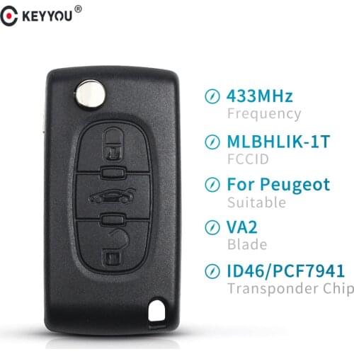 KEYYOU For Peugeot 307 Flip Fob Remote Car Key 433Mhz ID46 PCF7941 Chip With Uncut VA2 Blade Auto Key 3 Button