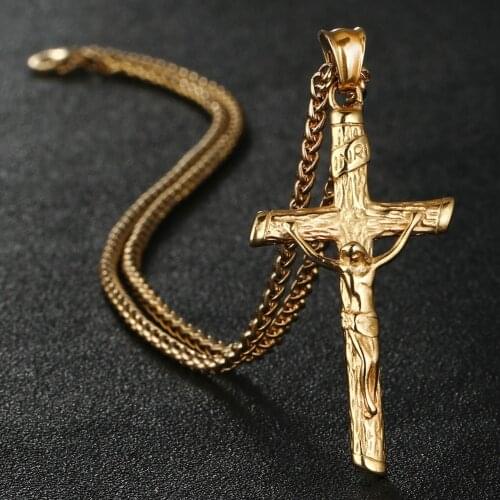 Stylish Stainless Steel Link Chain INRI Jesus Cross Crucifix Pendant&Necklaces Men Fashion Jewelry Gold Silver Color Father Gift
