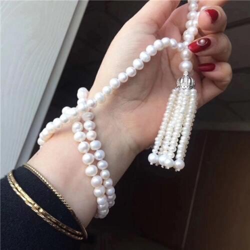 Natural 8-9mm freshwater pearl long sweater chain Necklace long tassel for girlfriend Necklace 32inch