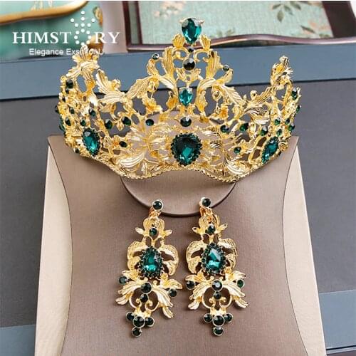 Himstory Baroque Magnificent Crystal Bridal Green/Red Crown Vintage Retro Gold Vetiver Irises Quinceanera Pageant Tiaras Crown
