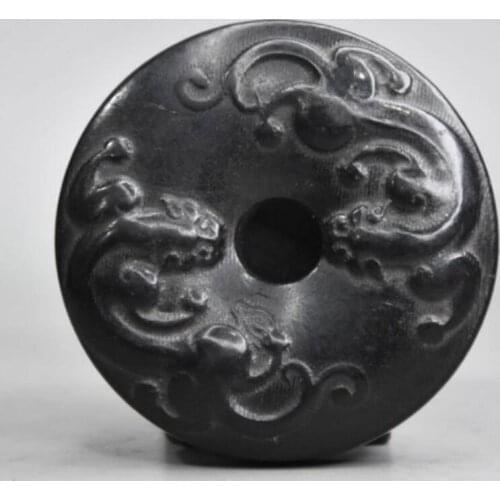 Hongshan culture archaize black iron meteorite sculpture double dragon bi statue
