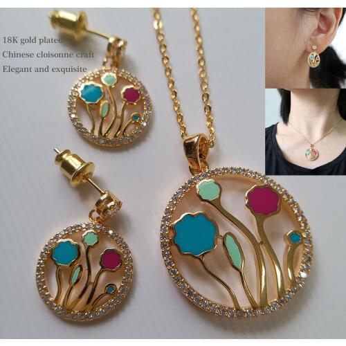 Exquisite blue floral enamel jewelry set for women Chinese cloisonne flower pendant necklace and earrings sets