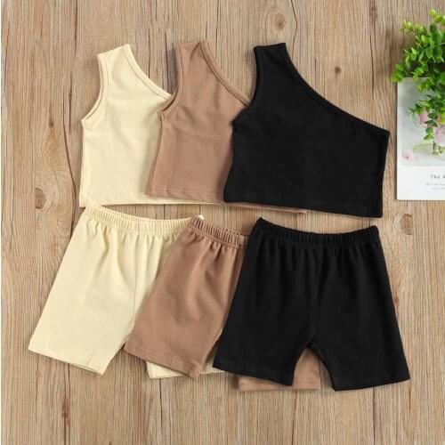 2021 Hot Sales Kids Baby Girls Clothes Outfit Set Fashion Girls One Shoulder Solid Color Vest Tops Shorts Childrens Sets