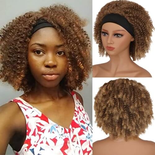 LingHang Headband Wig for Black Women Synthetic Afro Kinky Curly Wigs Short Fluffy Brown Wig Heat Resistant Hair for Daily Use