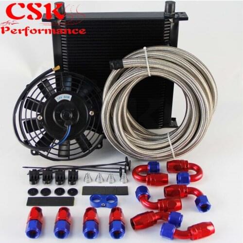 40 Row AN10 Engine Oil Cooler + 5M Oil Line Fittings + 7" Electric Fan Kit Black / Silver