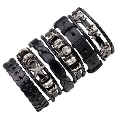MKENDN 6PCs/Set Leather Bracelet Multilayer Punk Skull Star Charm Wrap Hand Bracelets Vintage Bracelets & Bangles Men Jewelry