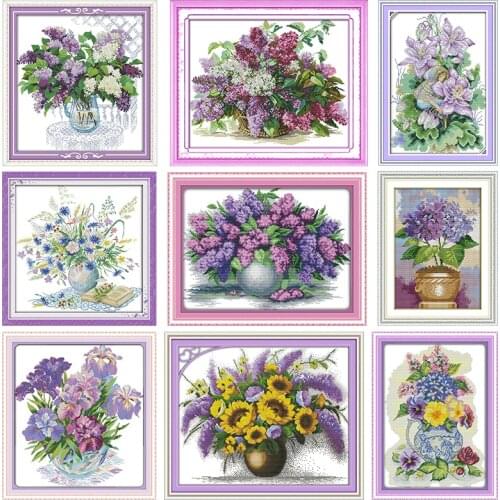 Lilac Embroidery Needlework Handmade Flower Cross Stitch Kit 11CT 14CT Printed Counted Stamped Patterns Fabric Thread Decor Sets