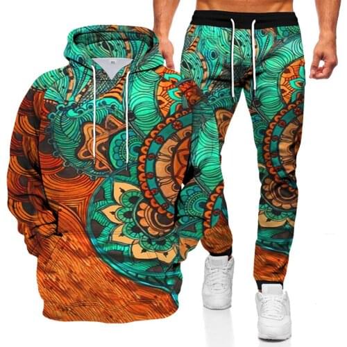 2021 new European and American couple sports suit mens fashion casual hooded sweater abstract printed sweater + pants