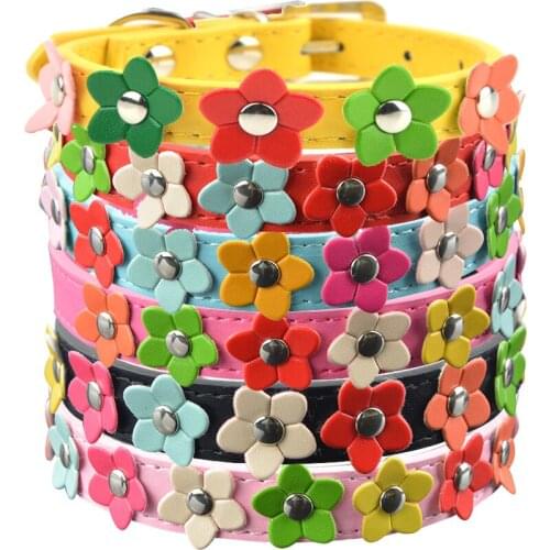 Hot Sale PU Leather Dog Collars One Row Flower Studded Small Dog Medium Pet Collar Leash Lead