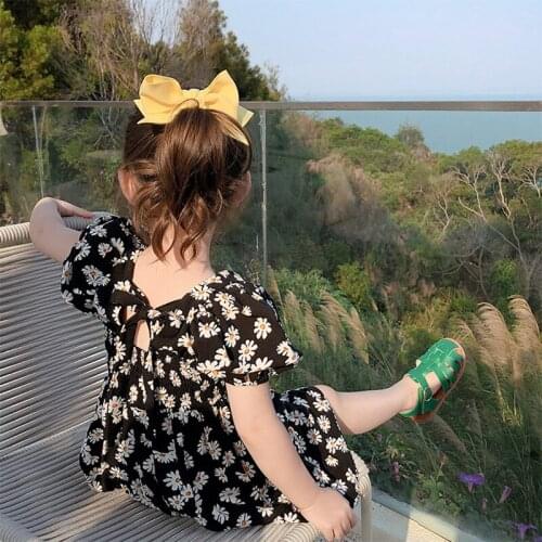 Baby Girl Dress 2020 Summer New Fashion Daisy Print Korean Kids Girl Princess Dresses Short-sleeved Bow Clothing