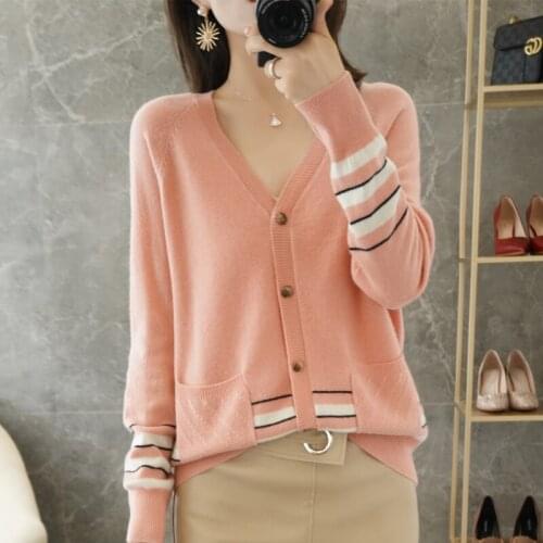 Wool knitted cardigan womens v-neck 21 spring autumn new sweater coat long-sleeved tops pure cashmere loose outer thin style
