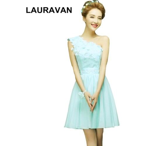 One shoulder girls chiffon knee lenght prom dress light mint blue green new robe de soiree fashion gown 2020 summer spring