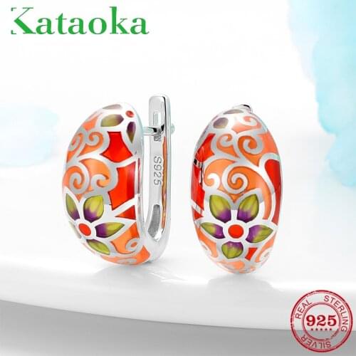 925 Sterling Silver Earrings Orange Cherry Flowers Handmade Enamel Push back Womens Stud Earrings Fine Jewelry for women