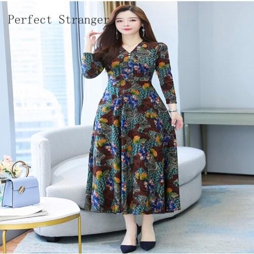 2021 Autumn Winter New Arrival High Quality Retro V Collar Flower Printed Long Sleeve Collect Waist Women Long Dress