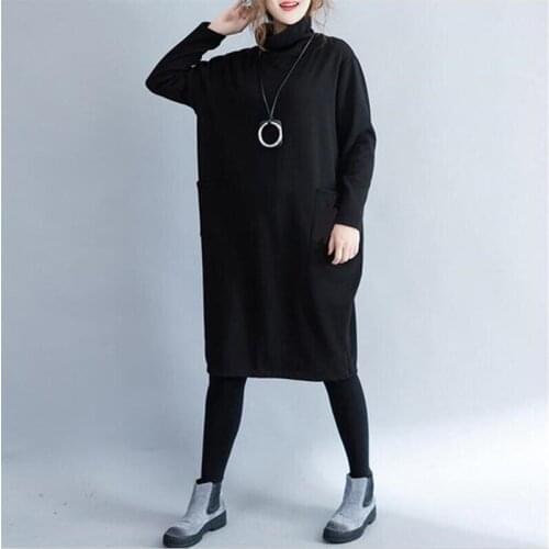 Women New 2020 Turtleneck Straight Dress Pockets Female Plus Size M-5XL Autumn Winter Warm Vestidos Oversized Pullover Dresses