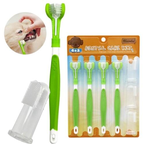 Pet Toothbrush Kit Dental Care Three Heads Dog Toothbrush Finger Toothbrush Teeth Care Dog Cat Cleaning Mouth Dog Toothbrush Kit