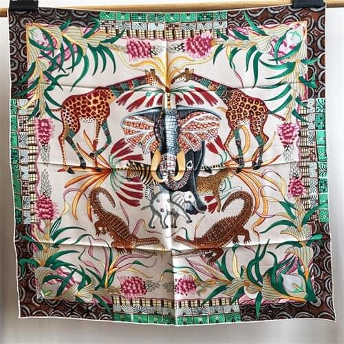 100% Pure Silk Scarf Women Animals Print Square Scarves Wraps Head Handkerchief Muslim Hijabs Silk Foulards Bandana 90x90CM