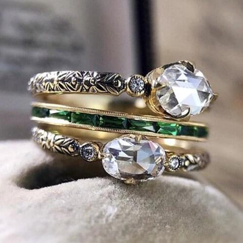 3Pcs/set Female Vintage Jewelry Gold Color Rings Oval White Zircon Bridal Wedding Engagement Ring Valentines Gift Accessories