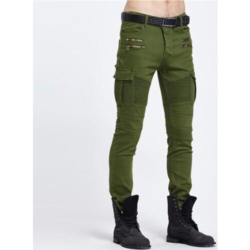 Biker Jeans Punk Style Cargo Pocket Jeans Skinny Men Famous Brand Mens Designer Clothes Zipper Denim Pants Green Black