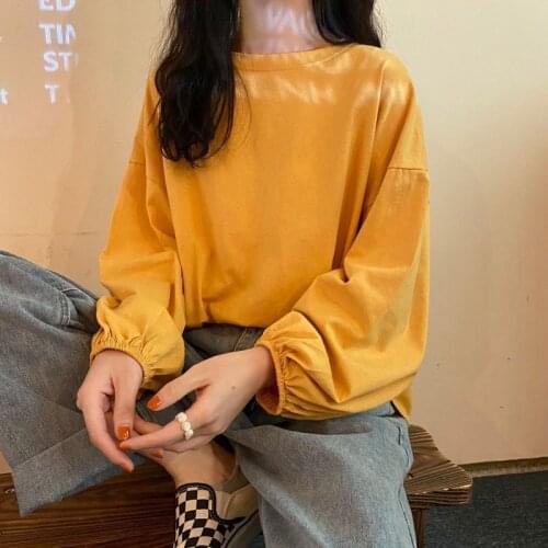 Female T-shirts New Yellow Loose O-Neck Korean Harajuku Casual Girls Sweet Tops Lantern-Sleeve Fashion Femme Tees