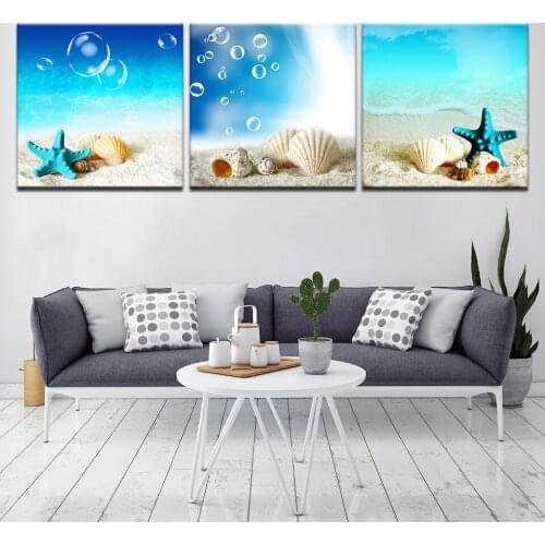 HD Pictures Canvas Printed Modern Wall Art Framework 3 Pieces Sandy Beach Starfish Shells Seascape Home Decor Posters Painting