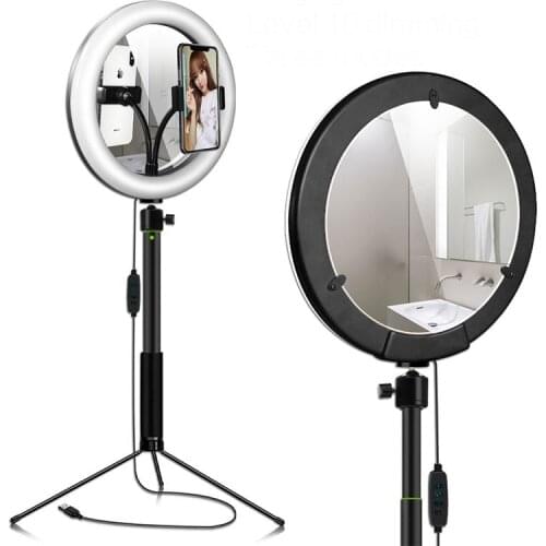 10inch Photography LED Selfie Ring Light with Tripod Stand Phone Holder Makeup Mirror Ring Lamp For YouTube Video Live Streaming