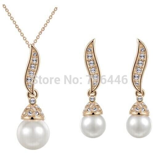 Rose Gold Tone Princess Ivory Pearl Jewelry Sets Diamante Stud Earrings & Necklace Bridal