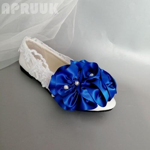 Royal blue flower flats shoes womens lady plus size 41 42 party dinner blue proms dress wedding bridal shoes with pearl