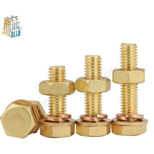 1-10Pcs M4 M5 M6 M8 M10 M12 Copper screw all-copper nut set brass outer hexagon screw bolt flat pad spring pad combination