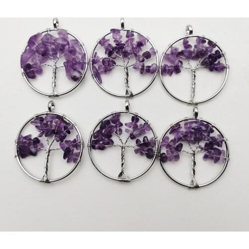Fashion new Amethysts 4CM 6pcs Tree of Life Healing Natural Stone Necklace Pendant for Jewelry making Chakra Reiki accessories